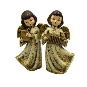 Gold Angel Choir Pair Harp Japan MCM Parma‎ Christmas Paper Mache Figurines